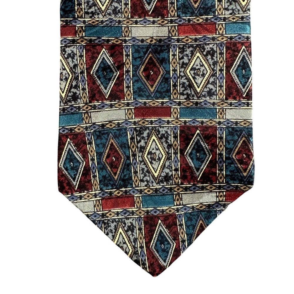 JG Hook Silk Necktie Mens Geometric Diamond Pattern Burgundy Teal USA Made 1419